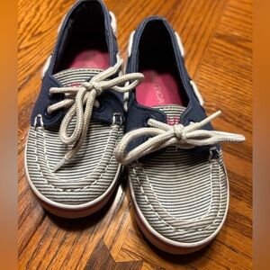 Nautica Navy & White Striped Boat Shoes w/ pink accents Baby/Toddler Size 7